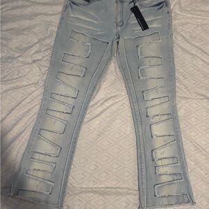 Trendy Light Blue Distressed Men’s Flare Jeans